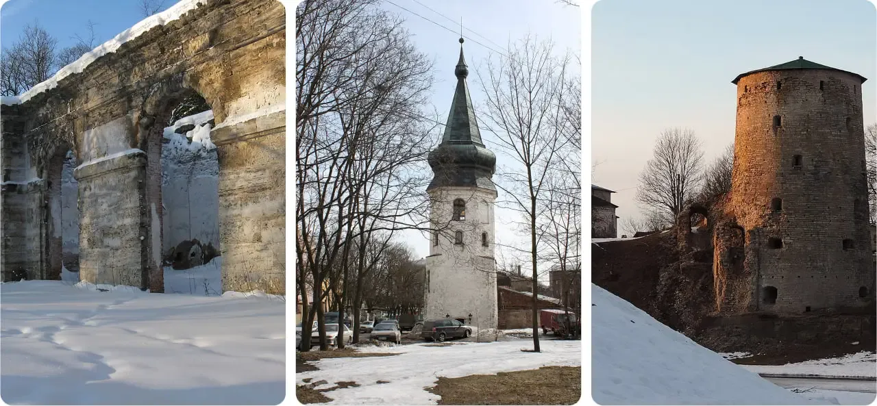 Дворцовый парк в Гатчине, башня Ратуши в Выборге, башня Гремячая в Пскове