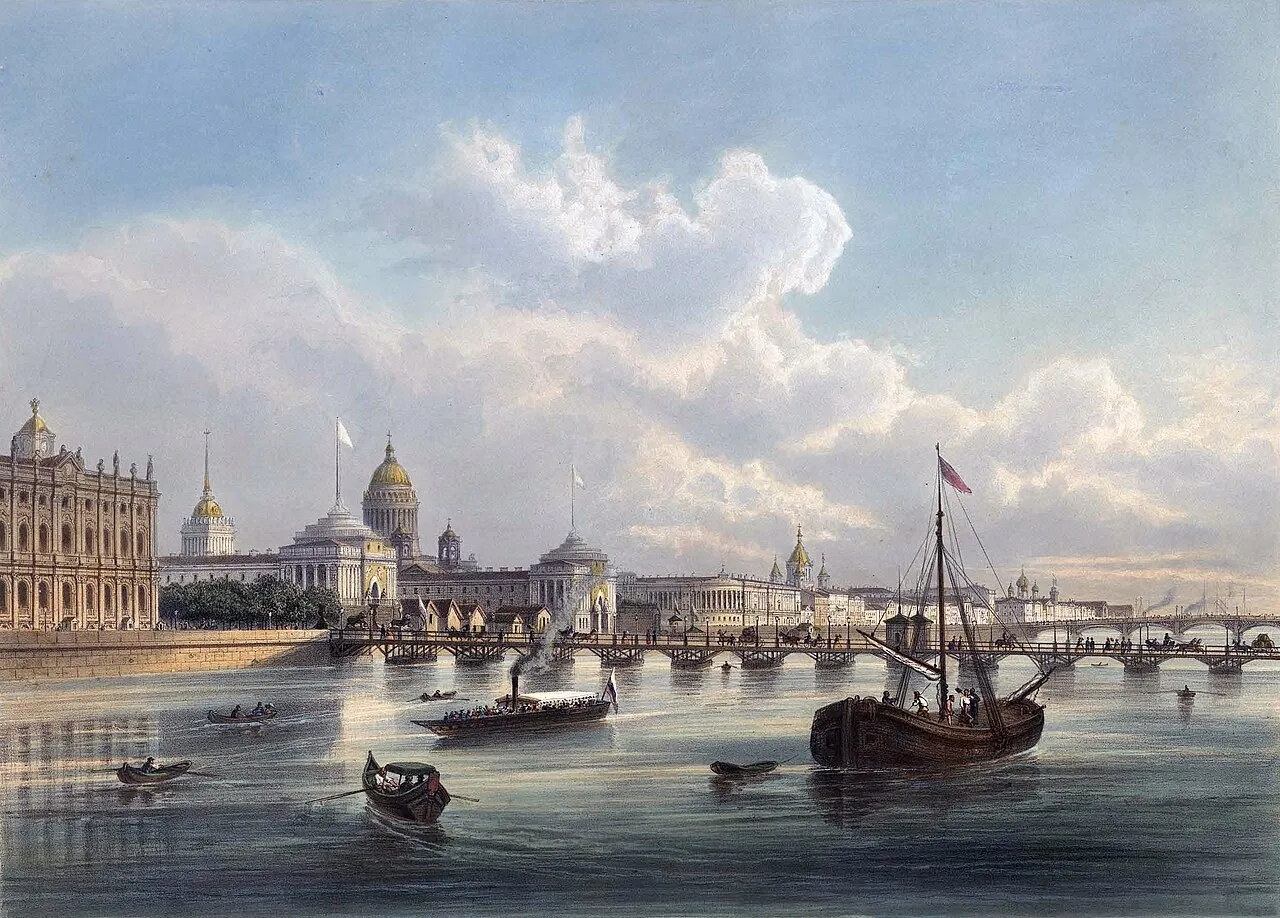 Дворцовый мост в середине XIX века, литография по рисунку И. Шарлеманя / wikimedia